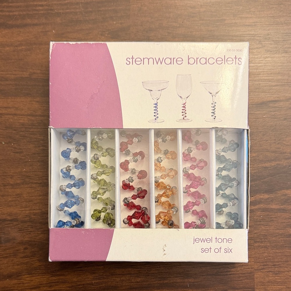 Jewel Tone Stemware Bracelets Set of Six Wine Charms